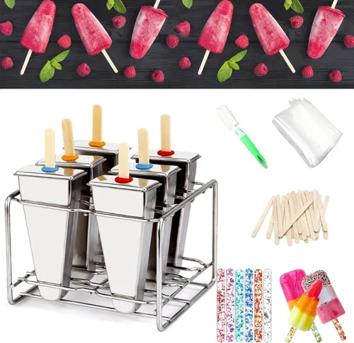 Juego de 6 moldes de paletas de acero inoxidable, moldes de metal para paletas, máquina casera para hacer golosinas de hielo con 50 palos de madera