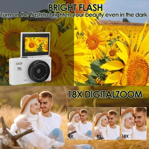 Miniatura 6 de Cámara digital 5K para fotografía con pantalla abatible de 180 ° de 3 pulgadas, cámara de vlogging de 75MP para, cámara compacta HD, zoom digital