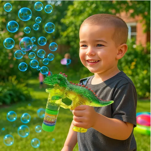 Miniatura 3 de Haktoys Jurassic - Burbujero con forma de dinosaurio, con luz Juguete Bubble Blaster para niños, fiestas LED intermitentes, botella de recarga
