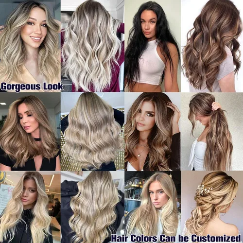 Miniatura 7 de Extensiones de cabello humano real con trama cosida, atadas a mano, color rubio ceniza a rubio con reflejos, extensiones cosidas con trama