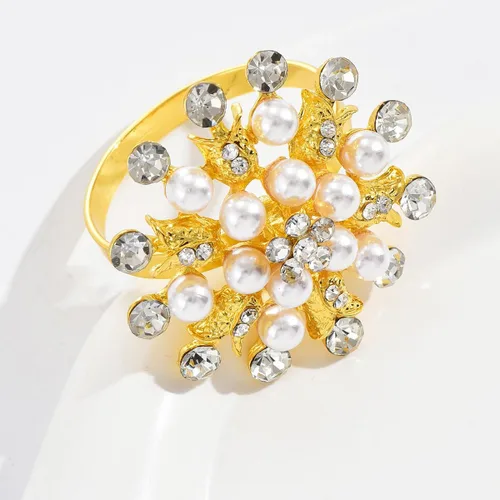 Miniatura 2 de Juego de 12 servilleteros dorados con perlas de diamantes de imitación dorados para cumpleaños y fiesta de boda, reunión diaria, vacaciones