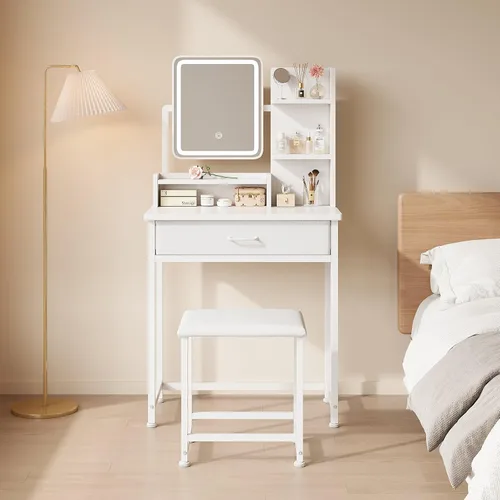Miniatura 14 de YeTom Escritorio de maquillaje con espejo y luces, tocador pequeño con cajón de almacenamiento de tela, estantes y mesa auxiliar, tocador de Negro