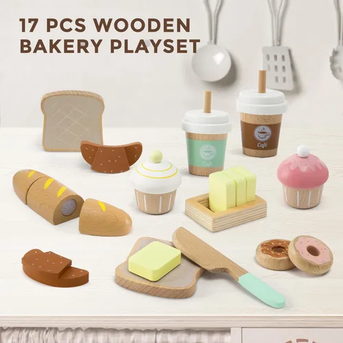 Miniatura 2 de 17 piezas de juego de alimentos de juguete de panadería de madera para niños, juego de alimentos de picnic de simulación para niños de 3 años