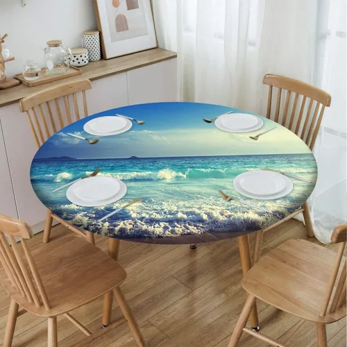 Miniatura 10 de Mantel con patrón de playa, borde elástico, impermeable, lavable, para uso en interiores y exteriores, patio, turquesa aguamarina, para mesas