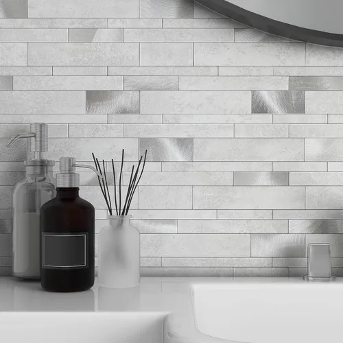 Miniatura 10 de VAOVI Azulejos autoadhesivos para salpicaduras de cocina, azulejos estilo metro lineal de mosaico de piedra para baño, pared de ducha impermeable