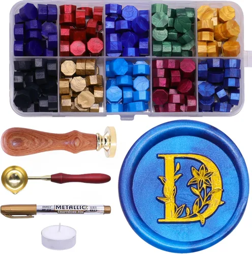 Miniatura 9 de SWANGSA Kit de sello de cera con letra inicial del alfabeto A, elegante sello de sellado de letras florales botánicas con 200 cuentas de cera