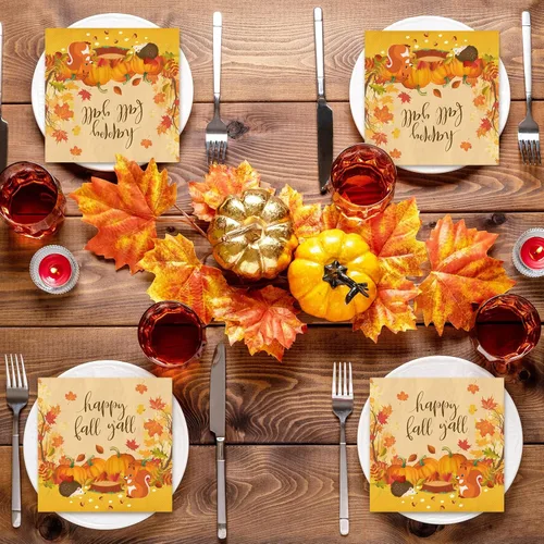 Miniatura 7 de Whaline Paquete de 80 servilletas de papel de otoño coloridas de calabaza con hojas de otoño para almuerzo, servilletas desechables de postre