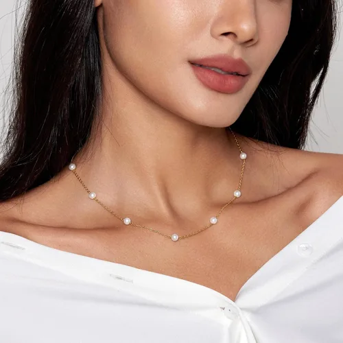 Miniatura 2 de Zeffy Collar de perlas de oro para mujer, delicado collar de gargantilla de perlas pequeñas chapado en oro de 18 quilates, collar de cadena