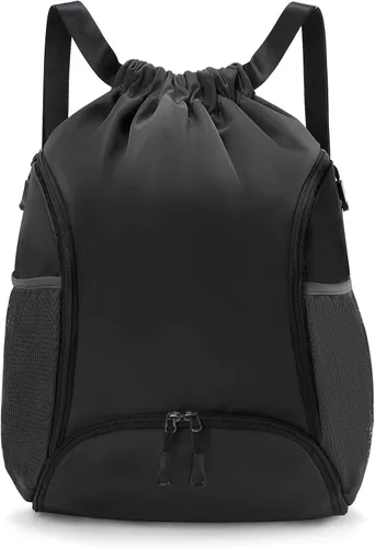 Valleycomfy Mochila deportiva con cordón y bolsa de baloncesto para zapatos y dos soportes para botellas de agua, color negro