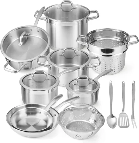 Duxtop Juego Profesional de Ollas y Sartenes de Acero Inoxidable, Juego de 17 Piezas de Utensilios de Cocina de Inducción, Tecnología de Unión por