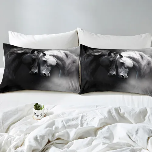 Miniatura 4 de Erosebridal Juego de cama de caballo para niñas, niños y parejas, sábana bajera ajustable de caballos blancos y negros, tamaño individual, diseño