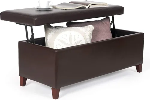 Miniatura 13 de Adeco Otomana de almacenamiento, banco tapizado rectangular de piel sintética con patas de madera, reposapiés, mesa de café para sala de estar, Negro