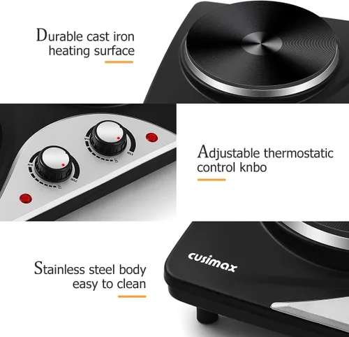 Miniatura 4 de Placa de cocción, quemadores eléctricos CUSIMAX para cocinar, quemador doble de 1,800 W, placas de cocción para quemador de encimera, placas de Negro