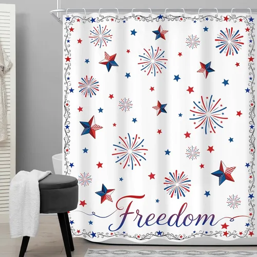 Miniatura 2 de Independence Day Memorial Day 60Wx72H Shower Curtain Patriotic 4th of July Red White Blue American Stars Firework Freedom Bathroom Curtain Set