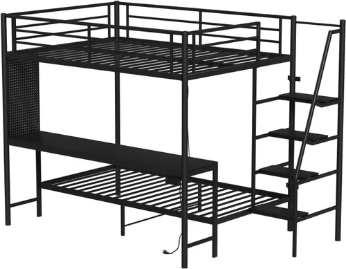 Miniatura 10 de KEIKI Litera Full sobre Twin con Estación de Carga, Cama Alta de Metal con Escritorio & Protector de Seguridad & Escaleras, Marco de Cama de Metal