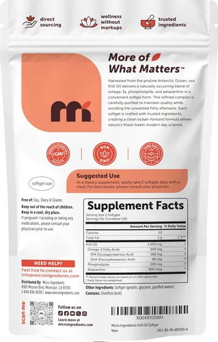 Miniatura 7 de Micro Ingredients Aceite de krill antártico 1,000 mg por porción, 300 cápsulas blandas Omega-3 EPA y DHA con fosfolípidos y astaxantina natural