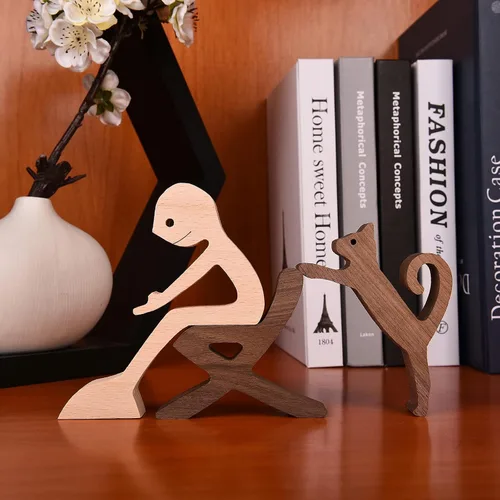 Miniatura 3 de ISHINE Escultura de madera para hombres y gatos, figuras de animales hechas a mano, decoración de madera, figura coleccionable para oficina en casa
