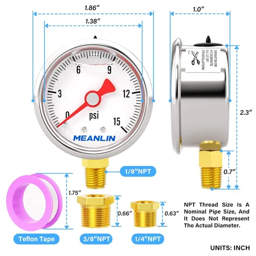 Miniatura 2 de MEANLIN MEASURE 2 unidades de acero inoxidable 015Psi relleno de líquido, medidor de presión relleno de glicerina de 1.5 pulgadas, aire de aceite
