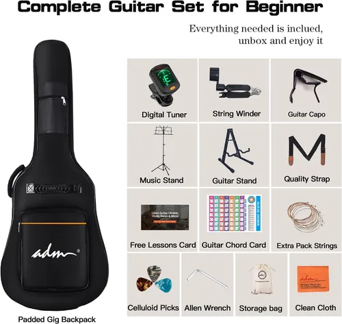 Miniatura 8 de ADM Dreadnought - Kit de guitarra acústica con lección gratuita para principiantes, adultos, adolescentes, tamaño completo, juego de iniciación