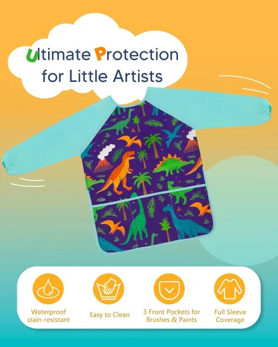 Miniatura 2 de Oiomniv Delantal de Arte para Niños – Delantal de Pintura de Manga Larga Impermeable con 3 Bolsillos, Delantal Lavable para Niños Pequeños y Niños