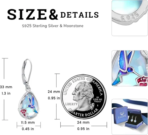 Miniatura 280 de Aretes colgantes de plata de ley con diseño de árbol de la vida, flor, abeja, animales, gato, colibrí, piedra lunar, turquesa, aretes con cierre