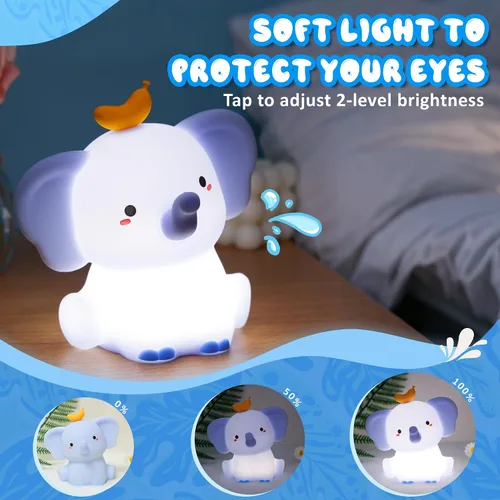Miniatura 3 de Ammonite Luz nocturna de elefante azul, lámpara de bebé de elefante de silicona suave con 2 niveles de atenuación y temporizador de 20 minutos, luz