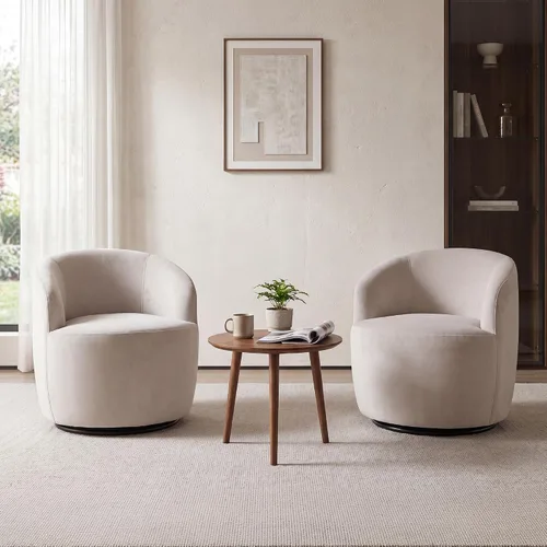 Miniatura 22 de FOXHUNTER Silla giratoria de barril, sillón individual pequeño de 360°, cómodo sofá redondo, sillas de botón acolchadas, modernas sillas de acento