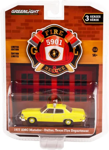 1977 AMC Matador Yellow Dallas Fire Department (Texas) Fire & Rescue Series 3 1/64 Modelo de automóvil fundido a presión por Greenlight 67030 B