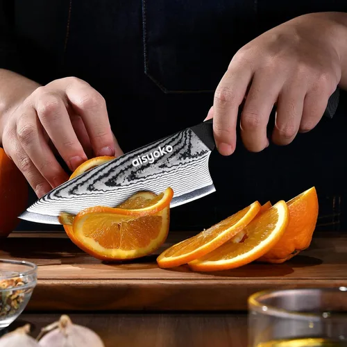 Miniatura 3 de aisyoko Damasco - Cuchillo de chef de 6.5 pulgadas, cuchillo de cocina afilado Japón VG-10, acero inoxidable al carbono, ultra afilado, mango