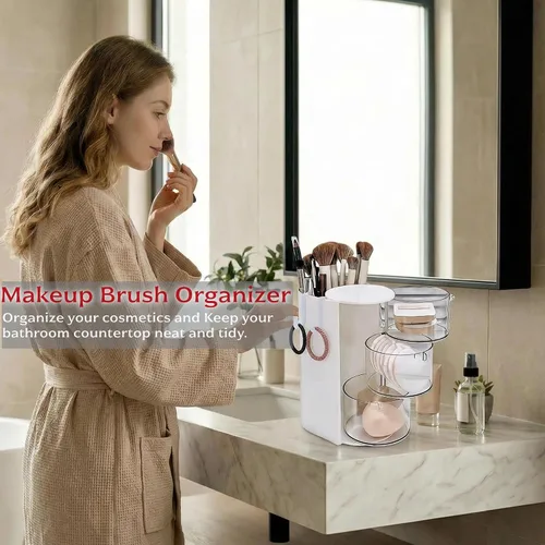 Miniatura 5 de Organizador de accesorios para el cabello con soporte para cepillo de pelo, organizador giratorio de 3 cajones para brochas de maquillaje, pinzas