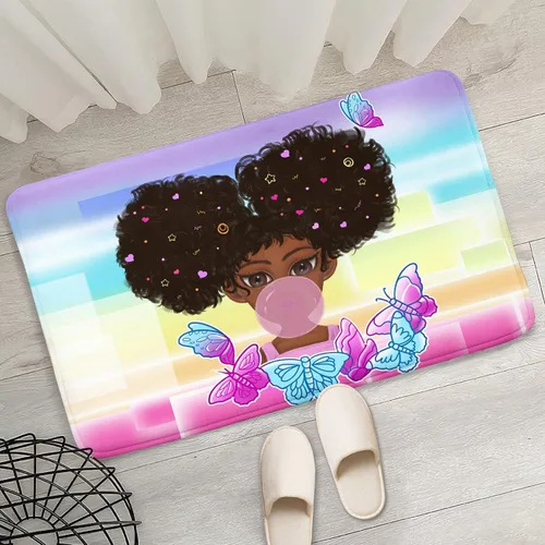 Miniatura 61 de Alfombra de área para dormitorio de niñas negras africanas, alfombra para sala de estar, sala de juegos, azul, lindo anime de dibujos animados