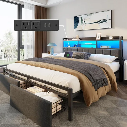Miniatura 6 de Furnulem Base de cama King con cabecero de madera y cajones de almacenamiento, marcos de cama de plataforma de metal tamaño King con luces LED