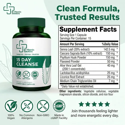 Miniatura 3 de Limpieza y desintoxicación de colon de 15 días para mujeres y hombres, limpieza intestinal con Senna, aloe vera, cáscara de psyllium y probióticos