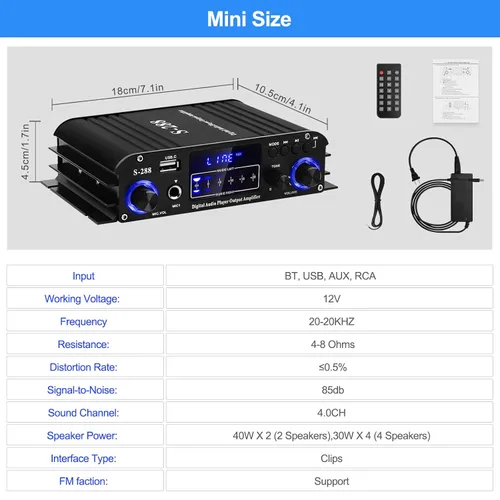 Miniatura 7 de Amplificador de audio estéreo para altavoces del hogar S-288 Bluetooth 5.0 HiFi Mini amplificadores de componentes de audio Receptor 4.0CH RMS 40Wx4