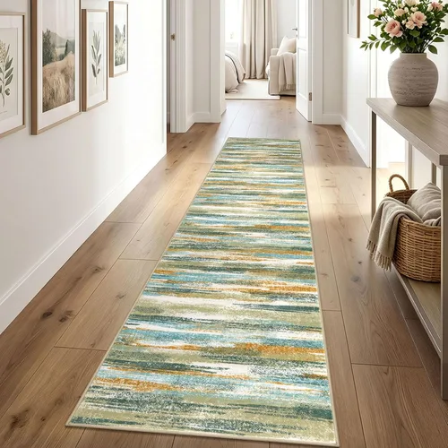 Miniatura 11 de Alfombra de pasillo moderna Lansny 2 x 6 pulgadas, alfombra de cocina lavable verde mostaza multicolor, alfombra antideslizante suave para pasillo