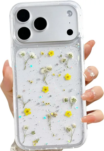 Miniatura 40 de LSEEKA Funda transparente para iPhone 13 Mini/iPhone 12 Mini con diseño de flores reales prensadas, con purpurina, bonito patrón floral blanco, Oro