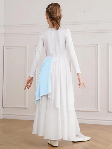 Miniatura 6 de JEATHA Vestido tipo túnica asimétrica de alabanza metálica brillante de manga larga para niños y niñas, disfraz de baile contemporáneo lírico