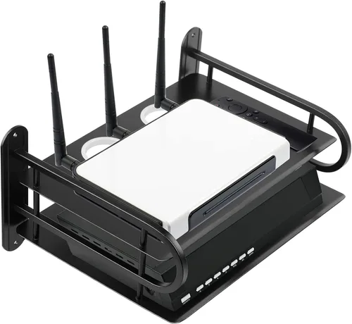 Miniatura 3 de Caja de almacenamiento con router WiFi inalámbrico doble de metal negro, estante para colgar en la pared con organizador de cables, 2 estantes