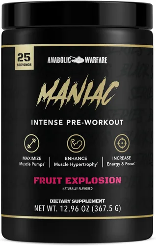 Anabolic Warfare Black Series Maniac, polvo de pre-entrenamiento, soporta óxido nítrico, bombas musculares y síntesis de proteínas* Explosión de