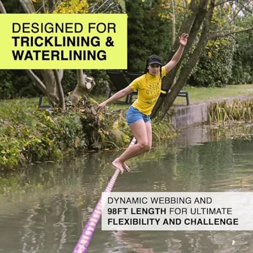 Miniatura 2 de GIBBON Slacklines Surferline con ropa de árbol, morado, 98 pies (línea de 90 pies + correa de trinquete de 8 pies con lazo reforzado) incl.
