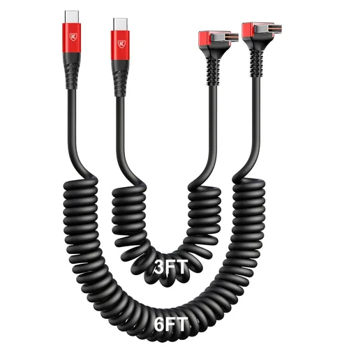 Miniatura 23 de Cable USB A a USB C de 90 grados, paquete de 2 cables USB tipo C en espiral de 3 pies para automóvil, cable de carga rápida USB-C compatible