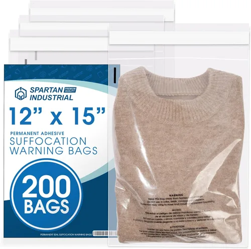 Miniatura 13 de Spartan Industrial - Bolsas de polietileno transparente autosellantes de 12 x 18 pulgadas (200 unidades) con advertencia de asfixia para embalaje