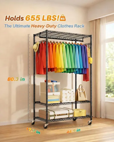 Miniatura 2 de Perchero resistente de acero al carbono con ruedas bloqueables, estantes y ganchos ajustables, estantes de ropa independientes para colgar ropa