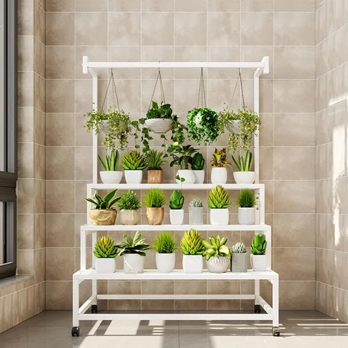 Miniatura 6 de Soporte de metal grande de 3 niveles, con estante alto para macetas colgantes, con rodillos resistente para plantas, para el hogar, jardín, sala