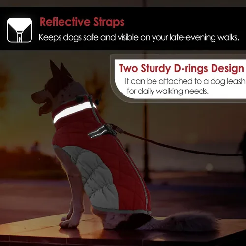 Miniatura 6 de AOFITEE Abrigo para perro, abrigo cálido de invierno para perros pequeños, chaqueta reflectante de cuello alto para perros con arnés integrado, Rojo