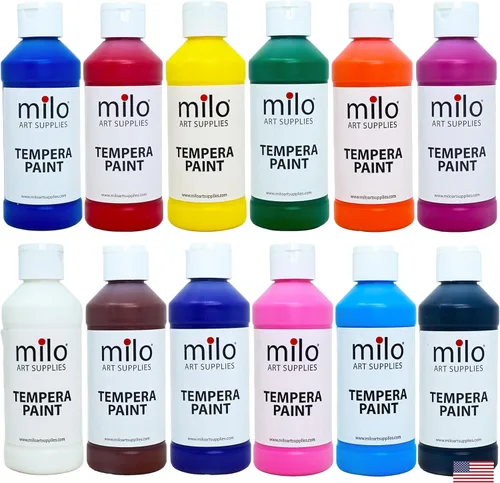 milo Pintura lavable | 12 colores botellas de 8 onzas | Fabricado en los Estados Unidos | Pintura al temple segura y no tóxica para artes y