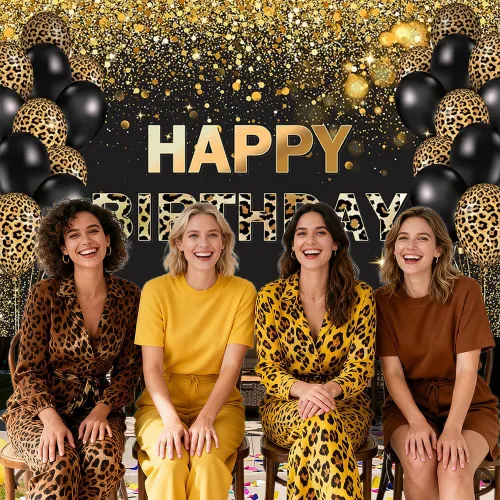 Miniatura 3 de Telón de fondo de feliz cumpleaños de 7 x 5 pies, lentejuelas doradas, globos de leopardo negro con purpurina, fondo para fotos, decoración