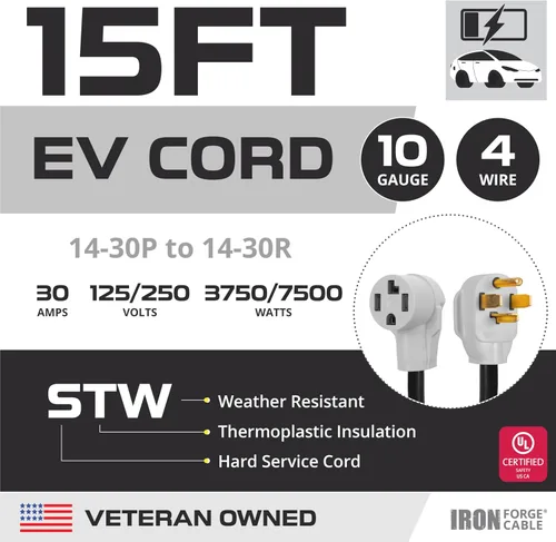 Miniatura 3 de Iron Forge Cable Cable de extensión para secadora/vehículo eléctrico de 15 pies, cable de calibre 10 STW negro de 14-30P a 14-30R, 30 amperios