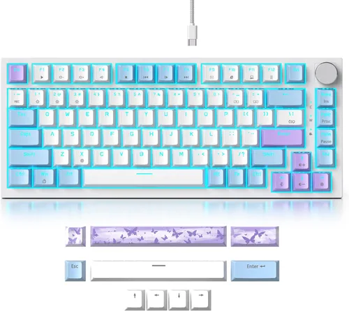 Fogruaden Teclado para juegos con cable, 75 por ciento, intercambiable en caliente, teclado mecánico cremoso de montaje en junta con perilla,