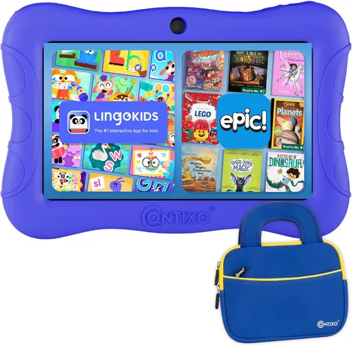Contixo 7 Kids Tablet V9 - Paquete de tableta Android y funda con más de 50 libros de cuentos y calcomanías de Disney (valor de $200), 32GB, cámaras